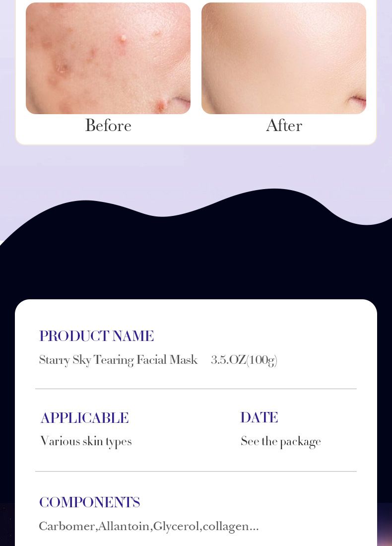 Mascarilla SADOER Starry Sky Whitening Cleansing Tear Mask, Elimina eficazmente los puntos negros, hidrata y rejuvenece, calma y repara la tirantez._voghion.com