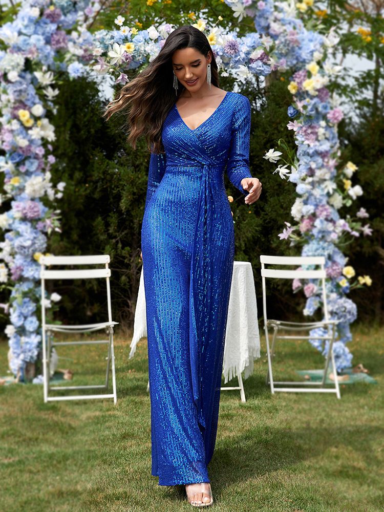 Abito da sera a sirena con scollo a V e maniche lunghe da donna_voghion.com