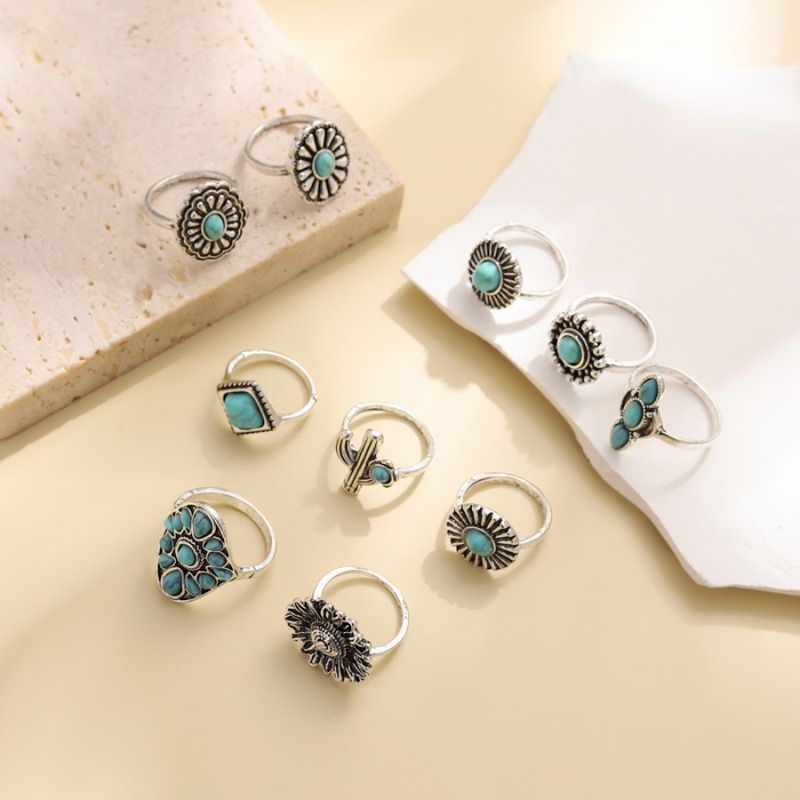 New Exaggerated Geometric Flower Turquoise Water Drop Ring Set Of Ten_voghion.com