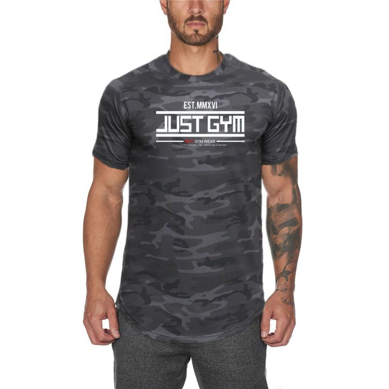 Herr fitness kamouflage T-shirt kortärmad snabbtorkande andningsbar baströja_voghion.com