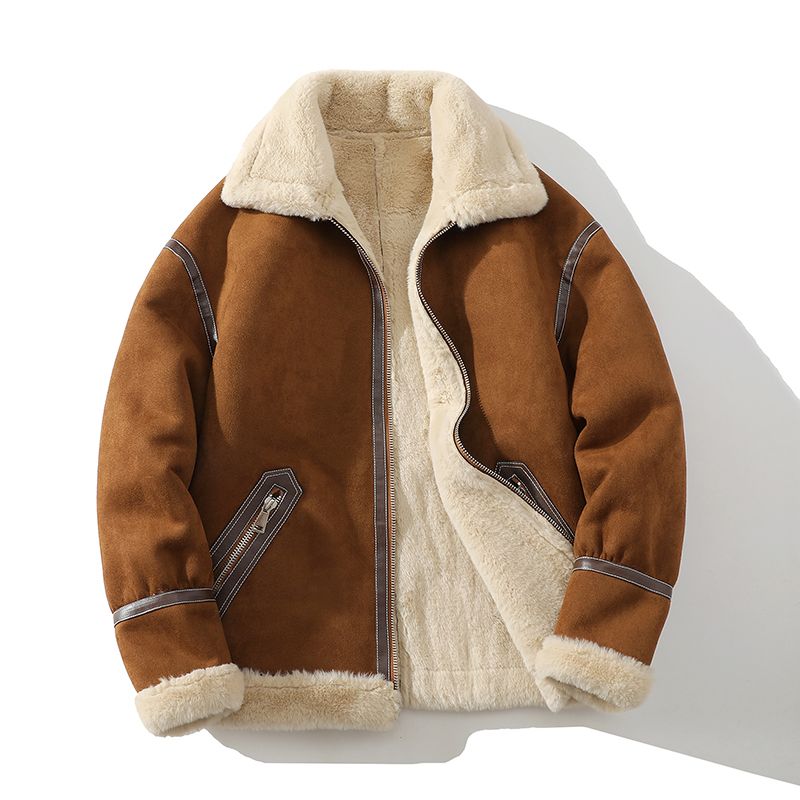 2024 Winter New Men's Sheepskin Shearling Jacket Thickened Fleece Lined Motorcycle Leather Coat_voghion.com