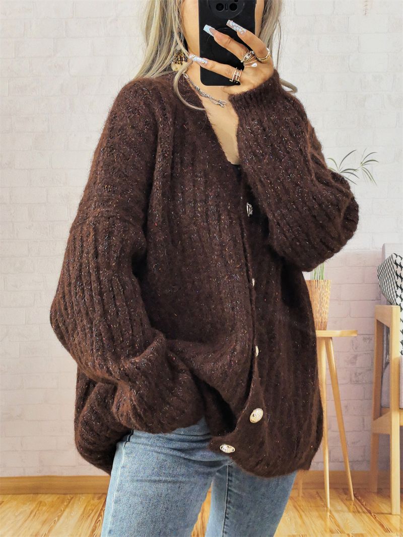 Cardigan vintage in maglia con bottoni dorati – Maglione spesso a maniche lunghe con apertura frontale per donna (grigio scuro, beige, marrone)_voghion.com