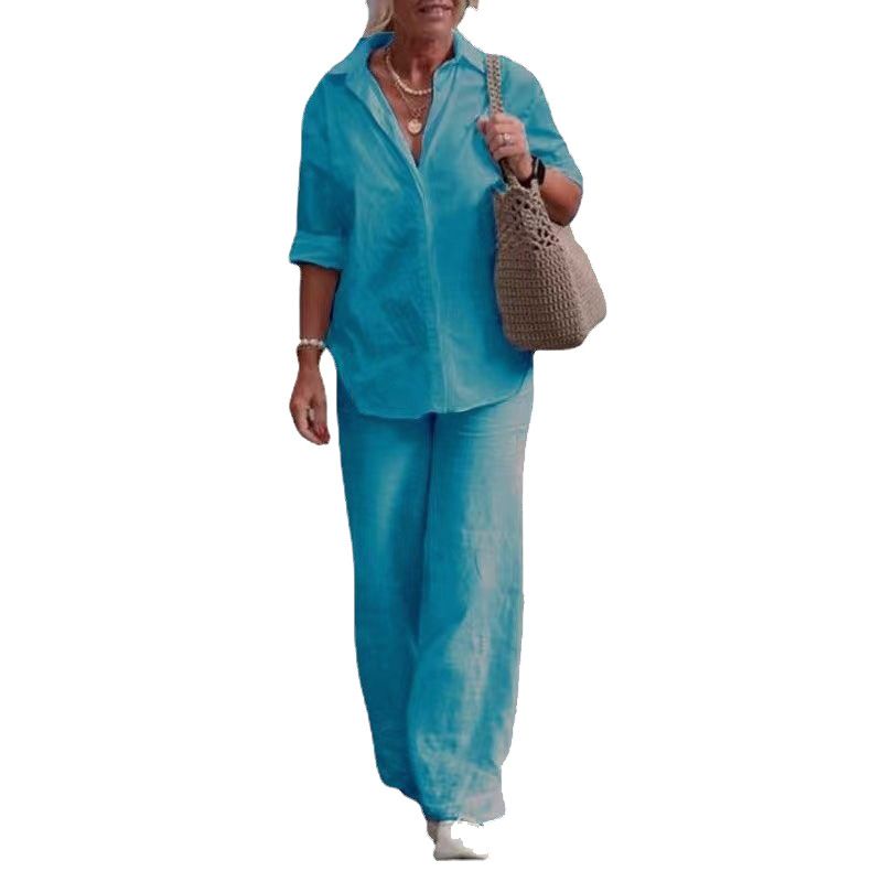 Damenbekleidung Zweiteiliges Set für Damen mit langärmeligem Revers und lässigem Frühlings- und Herbstanzug in einfarbiger Hose mit weitem Bein_voghion.com
