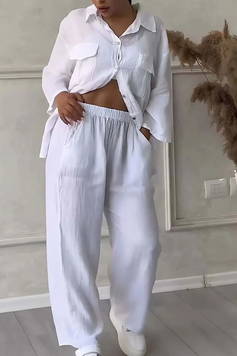 Abbigliamento da donna, due pezzi, camicia in cotone e lino, completo, pantaloni larghi a vita alta, taglie forti_voghion.com