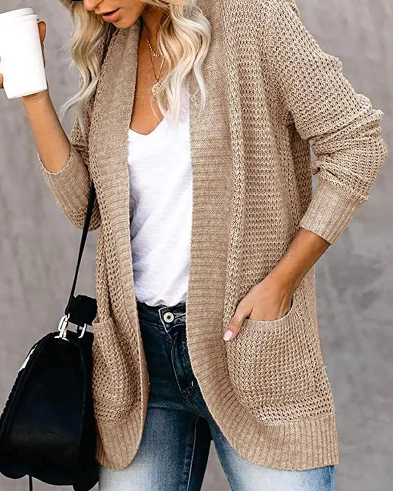 Vrouwen Gebogen Knoopsluiting Grote Zak Trui Vest V-hals Gebreid Vest Effen Open Winter Warme Truien Met Lange Mouwen_voghion.com