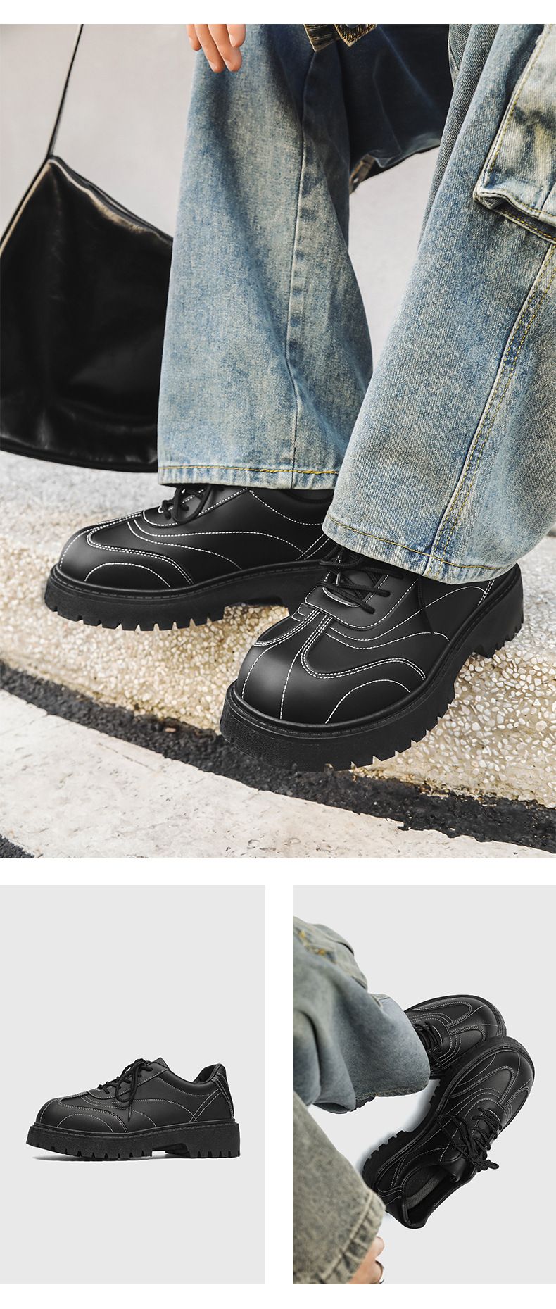 Men's Black Casual Derby Shoes With Round Toe & Thick Sole For Height Increase – Stylish & Comfortable Low-Top Shoes_voghion.com