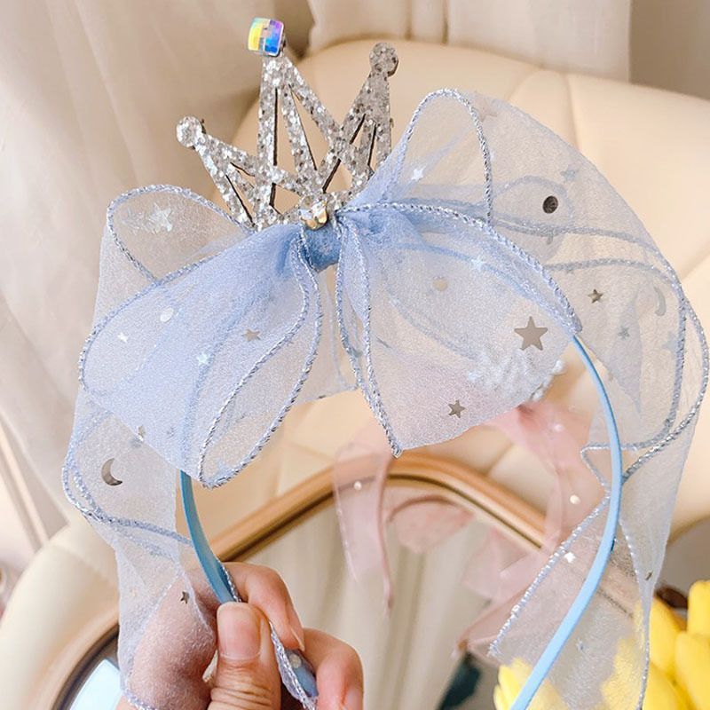 Cerchietto estivo in rete per bambini, corona da principessa, fiocco in strass lucido, accessori per ragazze, ornamenti per capelli in stile coreano_voghion.com