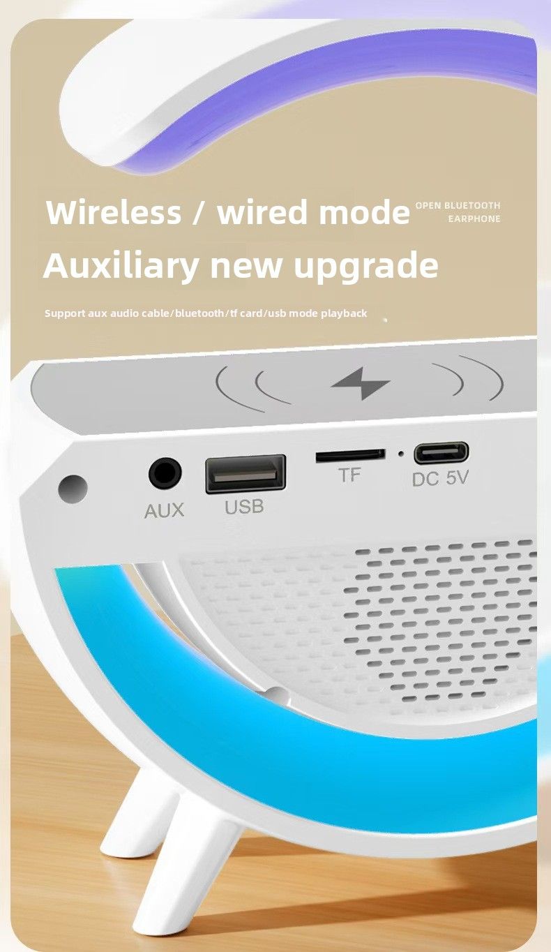 Nouvelle enceinte Bluetooth Small G - Compatible avec la recharge sans fil des téléphones et montres, avec éclairage d'ambiance, réveil intégré et fonction haut-parleur_voghion.com