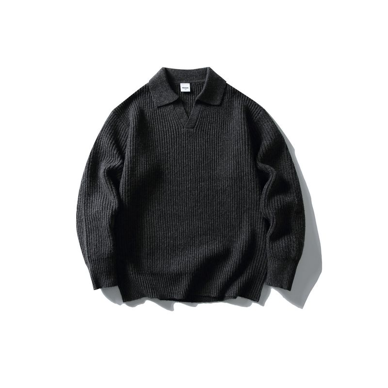 Pull col mouette côtelé de couleur unie pour homme, version coréenne 2025, automne-hiver, haut de gamme, style Old Money, polo intérieur_voghion.com