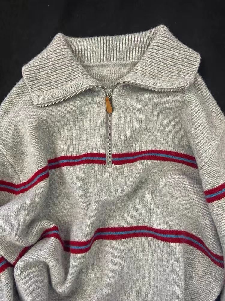 Wolle Koreanischen Stil Gestreiften Half-Zip Polo Kragen Pullover Für Frauen 2024 Neue Lose Faul Gestrickte Top_voghion.com