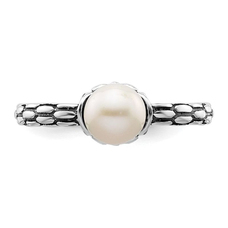 Sterling Silver Stack Exp. Polished Patterned White FW Cultured Pearl Ring_voghion.com