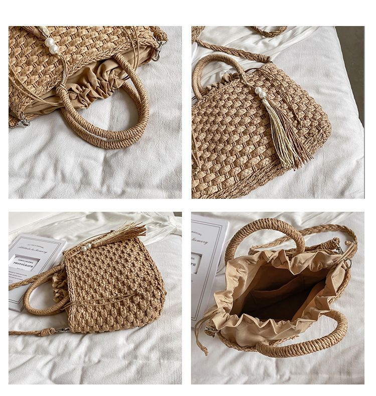 Borsa a tracolla da donna, in stile etnico, con cestino intrecciato, in paglia, estiva, con perle e nappa, per le vacanze_voghion.com
