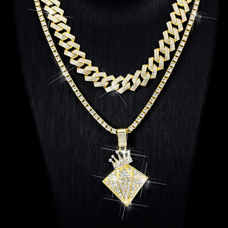 Hip Hop Alloy Full Crown Dia High Quality Fashion Necklace Set Cuban Chain Tennis_voghion.com
