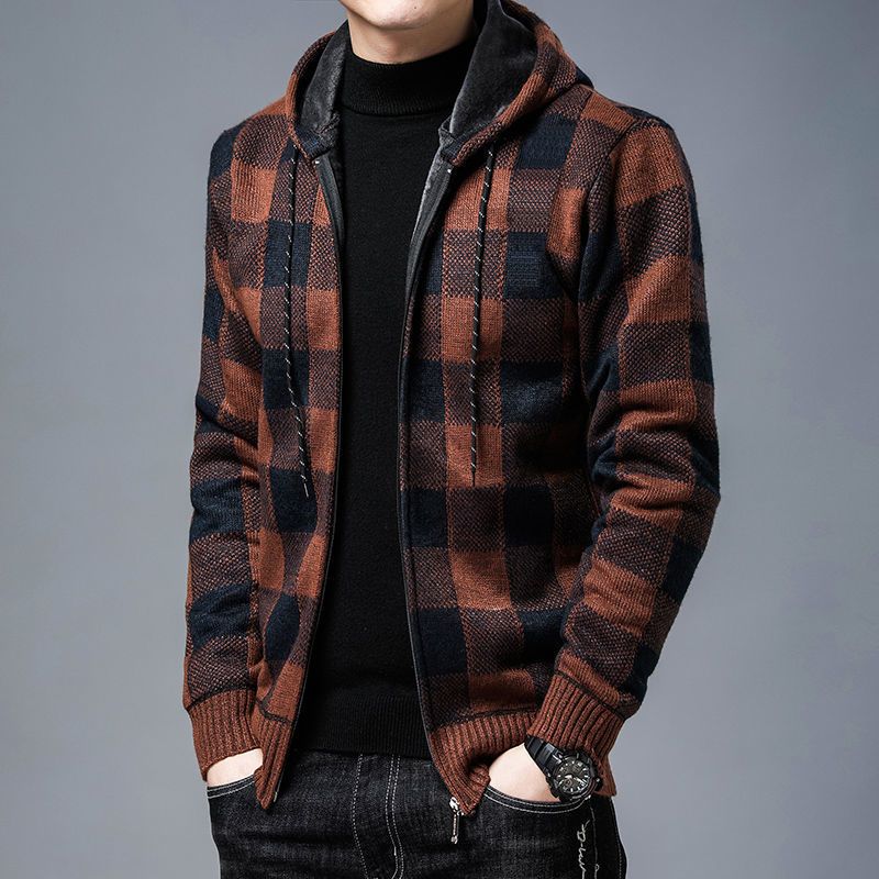 Trui Herfst Winter Mode Casual Geruite Capuchon Fleece Verdikt Heren Losse Pasvorm Plus Size Warme Cardigan_voghion.com