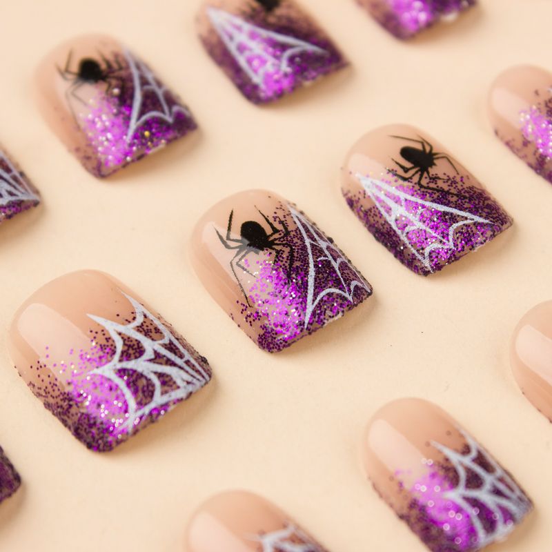 Unghie finte corte, lucide, quadrate, glitterate, Halloween, ragnatela bianca, ragno nero, unghie staccabili e indossabili, 24 pezzi_voghion.com