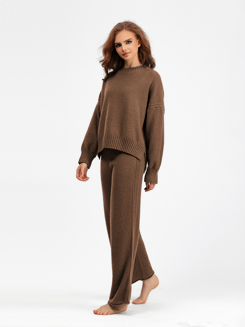Dammekleeder Hierscht a Wanter nei Moud Casual Strickkostüm Hosen Dammenversioun locker Pullover Breetbeen Hosen Hosen Zwee-Stéck Set_voghion.com