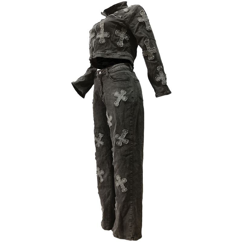 Women's Clothing New Cross Washed And Burned Western Elastic Casual Denim Suit_voghion.com