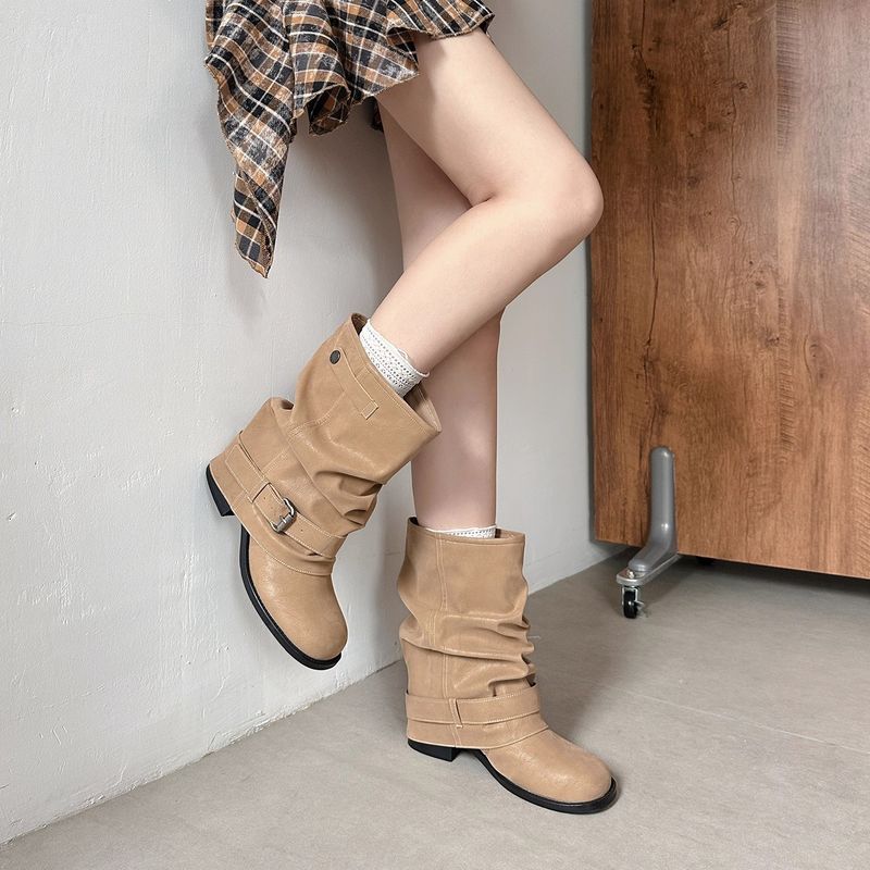 Western Jeans Tube Short für Damen, neuer Herbst, dicker Absatz, gerüschter Slouch-Stil, Martin-Stiefel im britischen Stil_voghion.com