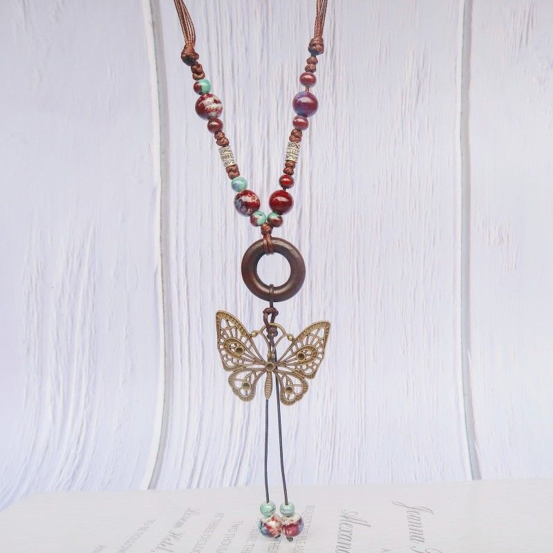 Collana lunga in ceramica etnica reale per donna con ciondolo antico in stile cinese a forma di farfalla_voghion.com