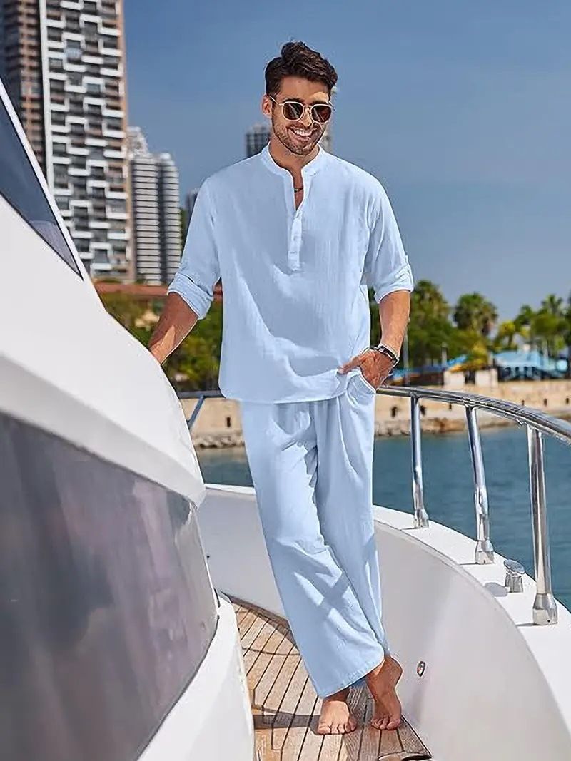 Îmbrăcăminte bărbătească de toamnă Produse noi Cămașă cu mânecă lungă din bumbac și in, culoare solidă, casual, costum de trend_voghion.com