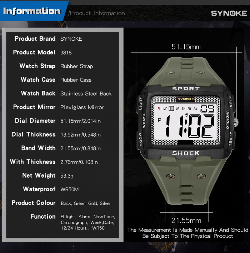 Large Screen Square Outdoor Sports Watch For Men - Waterproof, Shockproof, LED Backlight, Stopwatch, Alarm, Perfect For Running, Camping, Hiking_voghion.com