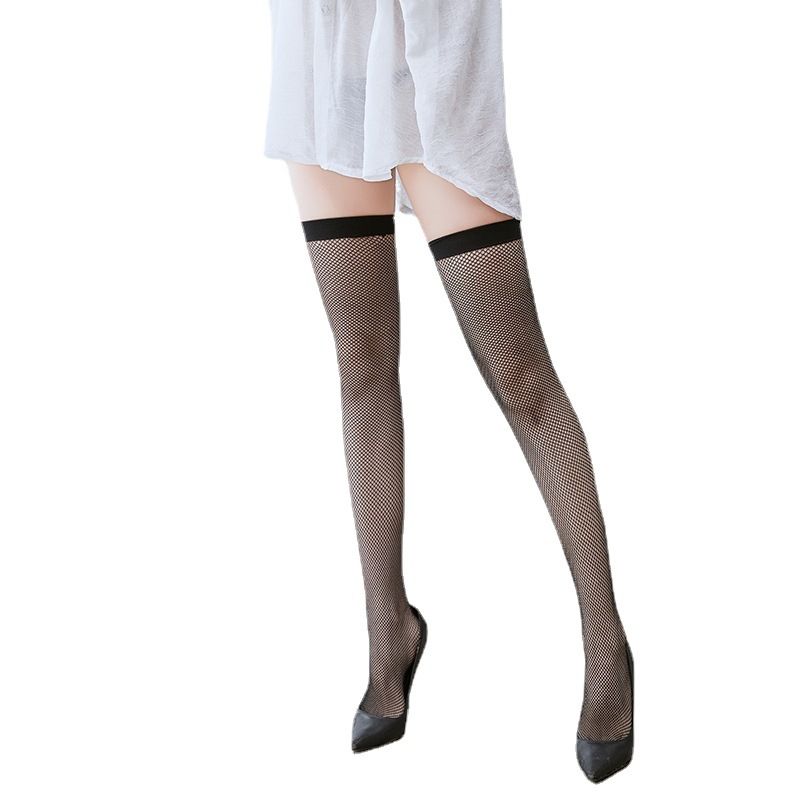 Small Net Long Tube Over Knee Socks Wide Screw Black Fishing Net High Tube Stockings Simple European And American Women's JK Mesh Thigh Socks_voghion.com