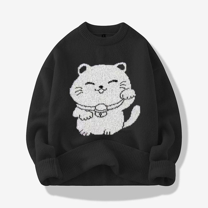 Neuer Rundhalspullover für Männer und Frauen mit warmem Unterhemd, gestricktes Jacquard-Kätzchen_voghion.com