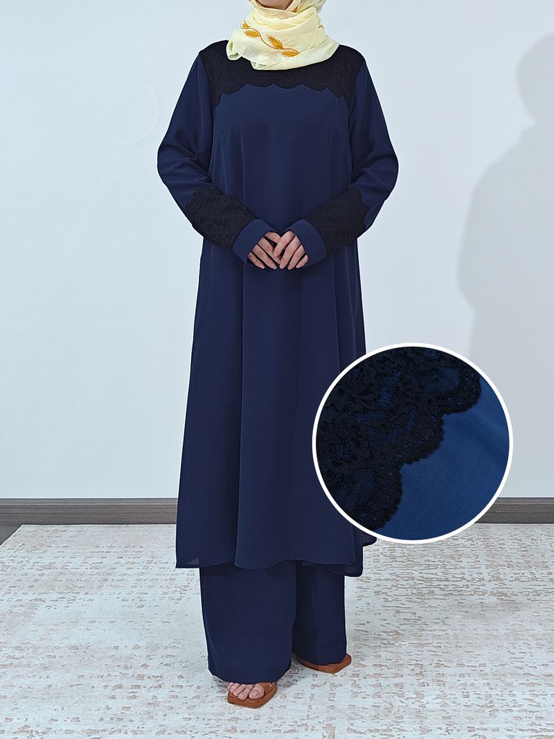 Elegantes muslimisches Damen-Set – Langärmliges Kleid mit Spitzenbesatz und weite Hose | Schlicht und stilvoll (2 klassische Farben)_voghion.com