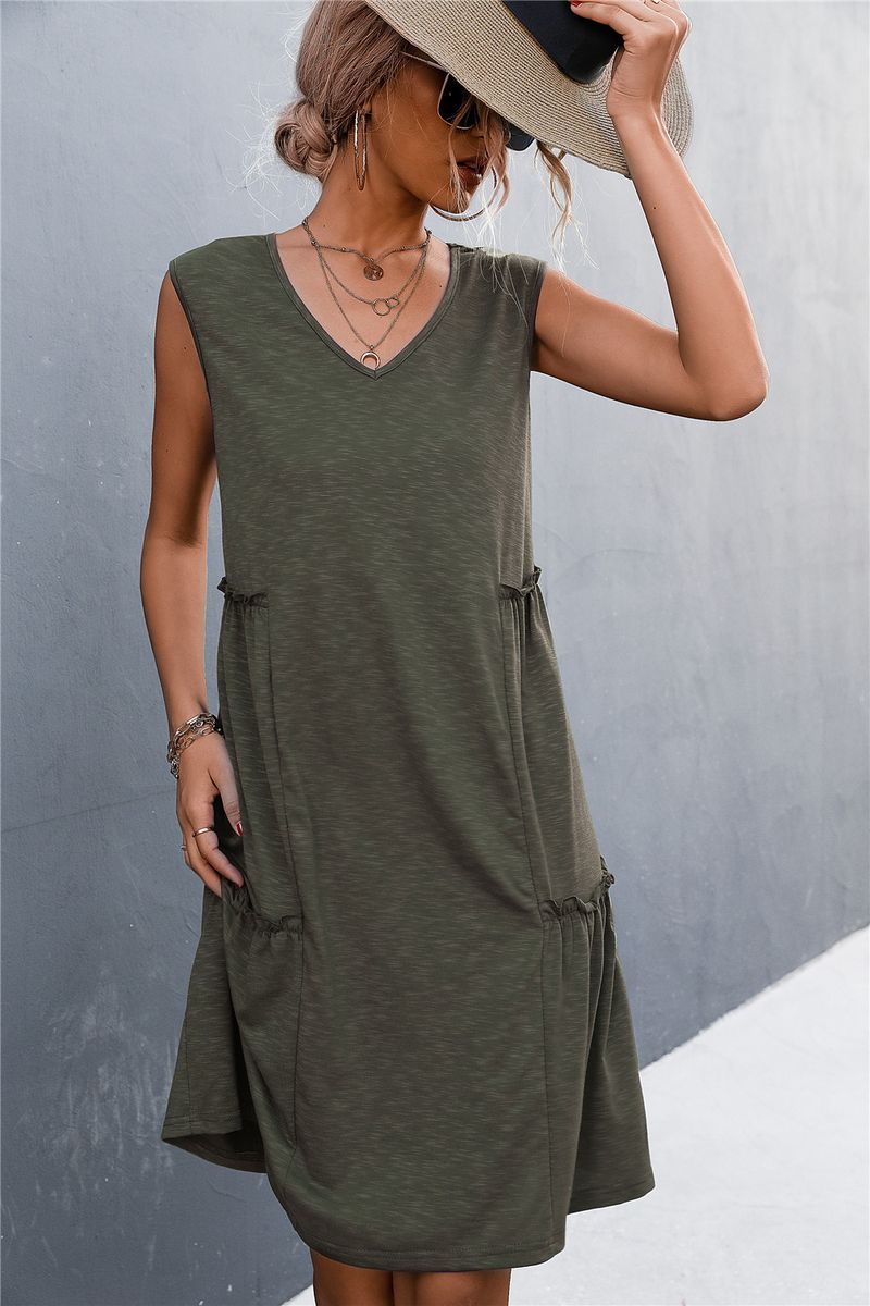 2023 frühjahr/Sommer Neue Solide V-ausschnitt Ärmelloses Tank Top Gestrickte Kleid Kurzen Rock_voghion.com
