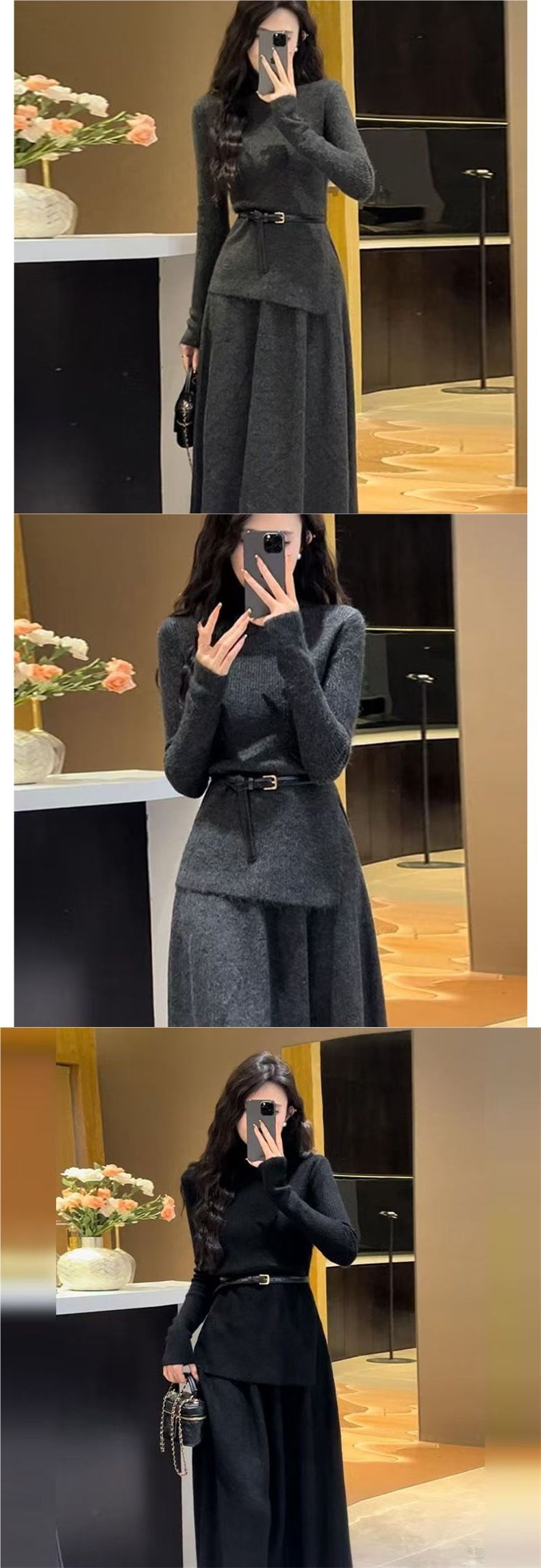 KANING Koreanischer Stil Gestricktes Zweiteiliges Herbst-Winter-Set mit französischem High-End-Pulloverrock_voghion.com