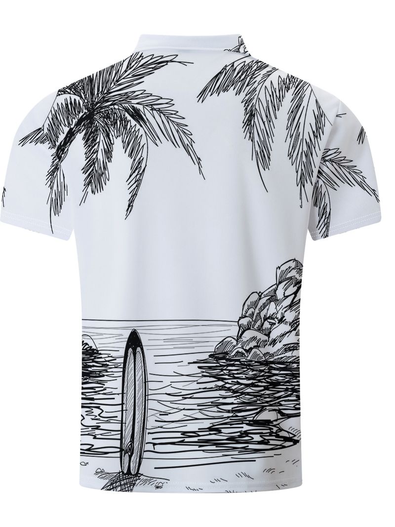 Men's Short Sleeved Button Polo Shirt With Coconut Tree Pattern Printed 3D New Product_voghion.com