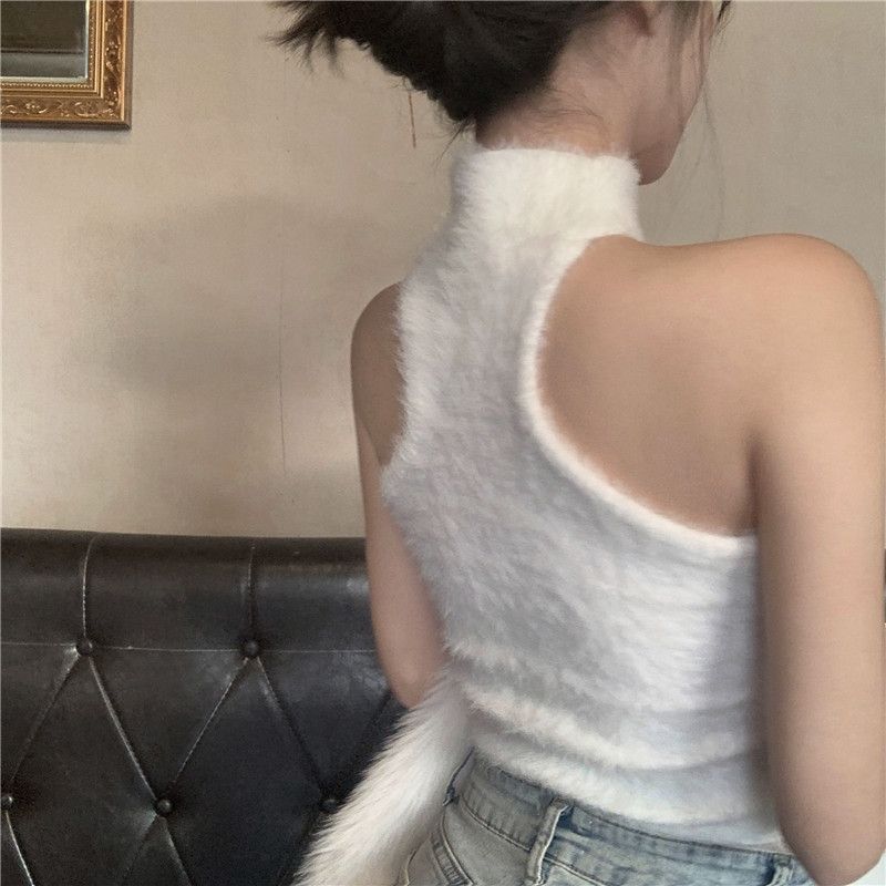 Maglione invernale da donna con bretelline imbottite bianche, interno in pile, top a tubino caldo_voghion.com