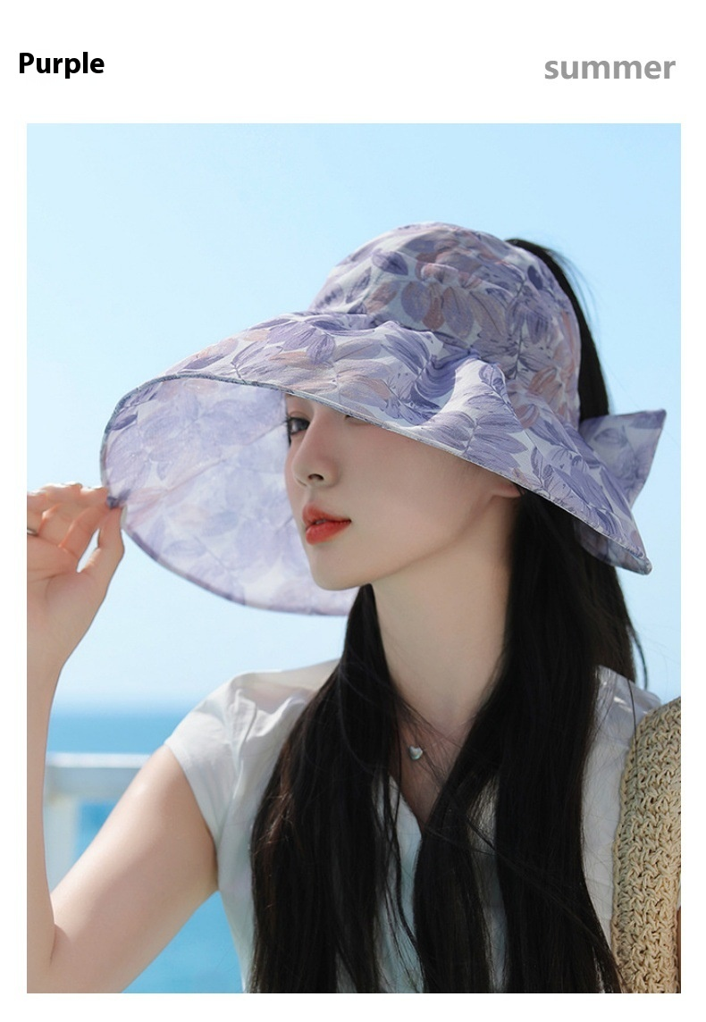 Sommer Ny Gudinde Elegant Blomsterstof Åben Top Hat til Kvinders Fritid UV-Beskyttende Solhat Koreansk Version Solhat_voghion.com