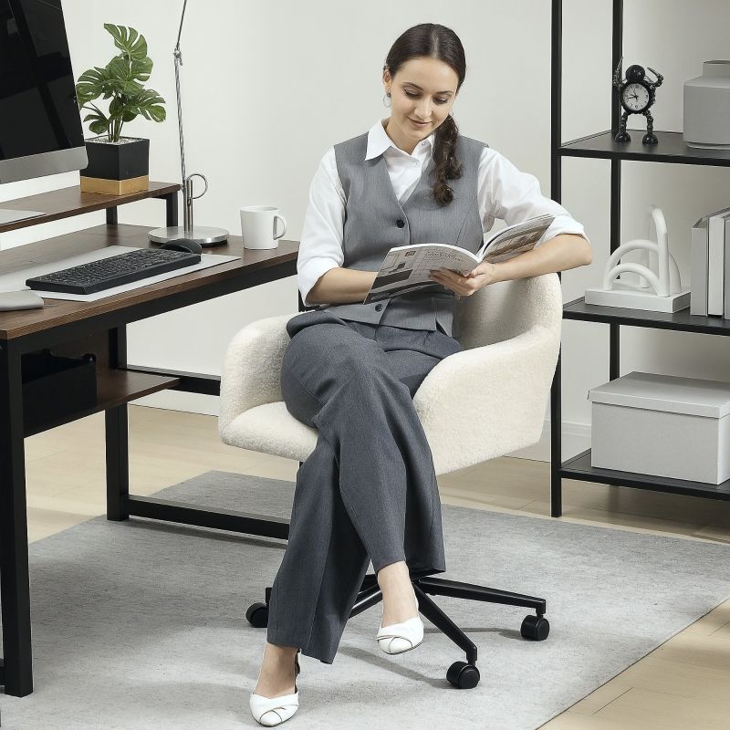 Drehbarer Bürostuhl Mit Fleece-Stoff, Höhenverstellbar, Cremeweiß_voghion.com