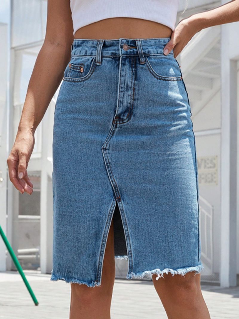 Dameskleding Eenvoudige denim rok Modieuze heup gewikkelde splitrok_voghion.com