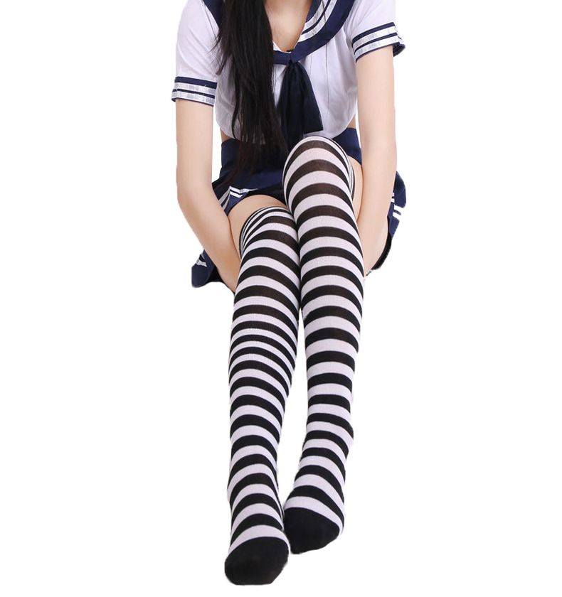 Calzini Harajuku in stile college giapponese, con tre strisce bianche e nere, da donna, sopra il ginocchio, da calcio, lunghi e alti_voghion.com