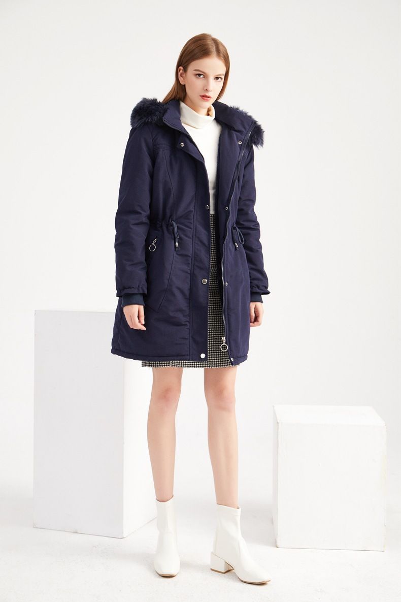 high-end women's cotton fleece mid-length black large size hooded cotton jacket warm fleece coat_voghion.com