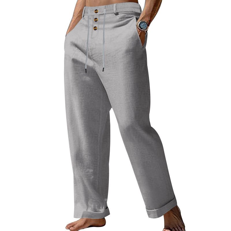Pantaloni casual da spiaggia a vita alta con spalline dritte in cotone e lino, nuovi alla moda per uomo, primavera e autunno_voghion.com