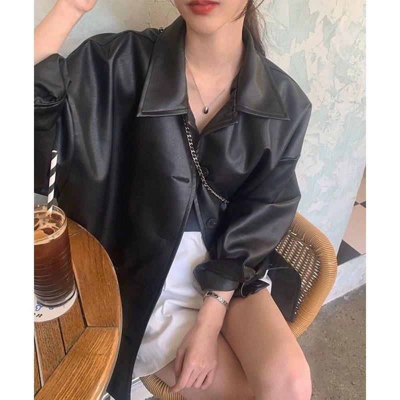 Giacca monopetto con colletto rovesciato, stile coreano, per donna, nuova giacca in pelle versatile e ampia, nera_voghion.com
