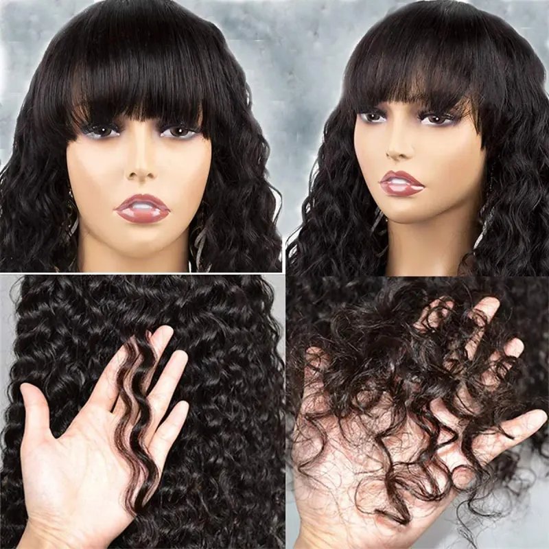 Peluca de cabello humano con ondas de agua y flequillo, pelucas de cabello humano con flequillo completamente hechas a máquina y rizadas con agua para mujeres, pelucas brasileñas_voghion.com