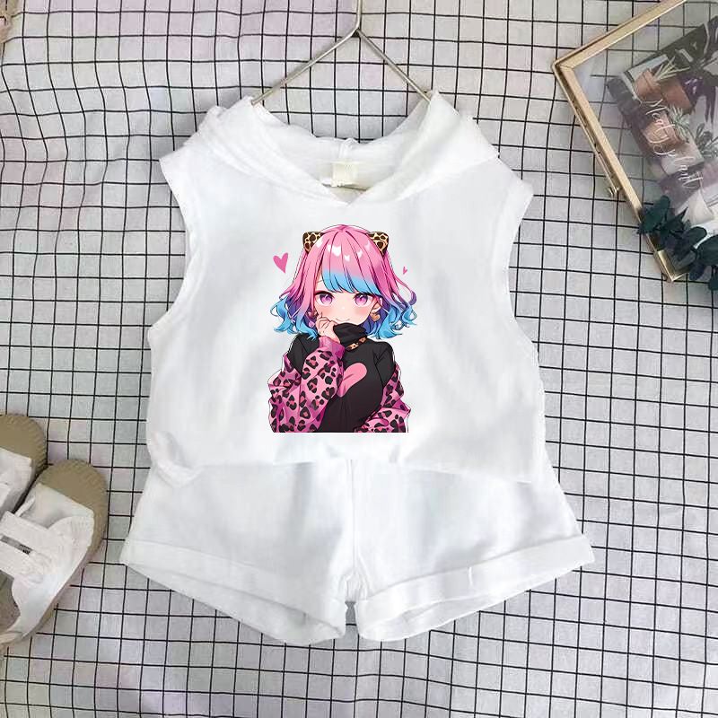 Children's Clothing 2025 New Girls Shorts Suit Hooded Two Piece Korean Style Fashion Cartoon Vest Trend_voghion.com