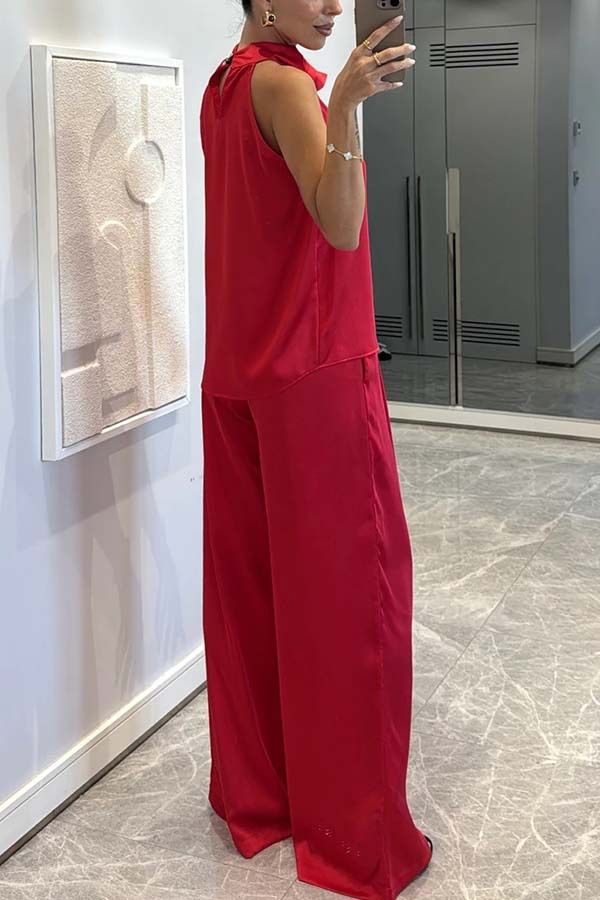 Completo da donna con pantaloni larghi e senza maniche in raso - Completo casual da due pezzi per le vacanze estive e l'uso quotidiano (colori multipli)_voghion.com