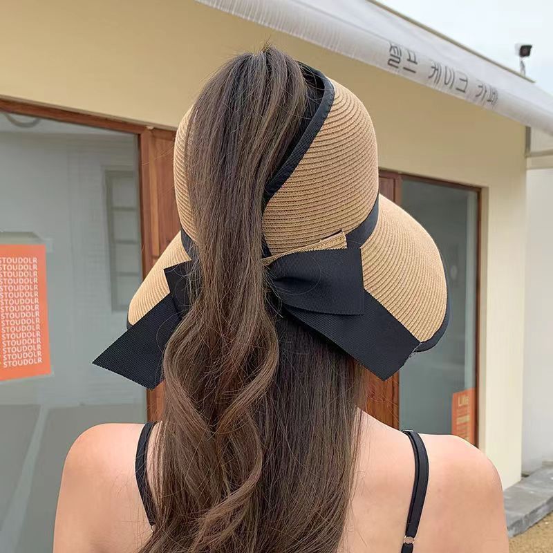 Sommerhut mit breiter Krempe, Reise-Sonnenhut aus Stroh, UV-Schutz, faltbar, offener Hut mit Schleife für Damen_voghion.com