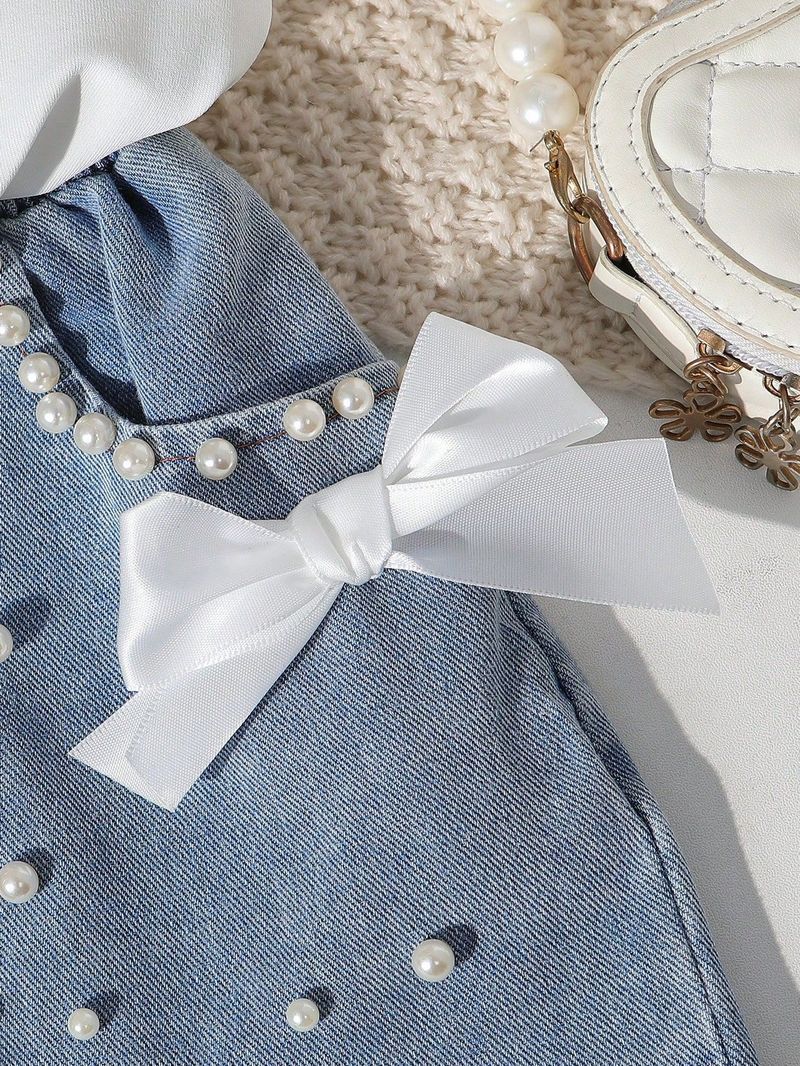 Completo da bambina composto da top in maglia stampato + jeans in denim con fiocco di perline, 2 pezzi – Look casual alla moda (4-7 anni, bianco)_voghion.com