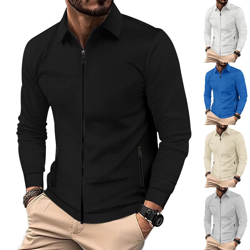 Men's Clothing Men's Waffle Knit Zip-Up Jacket With Stand Collar - High Street Casual Autumn Coat For Men_voghion.com