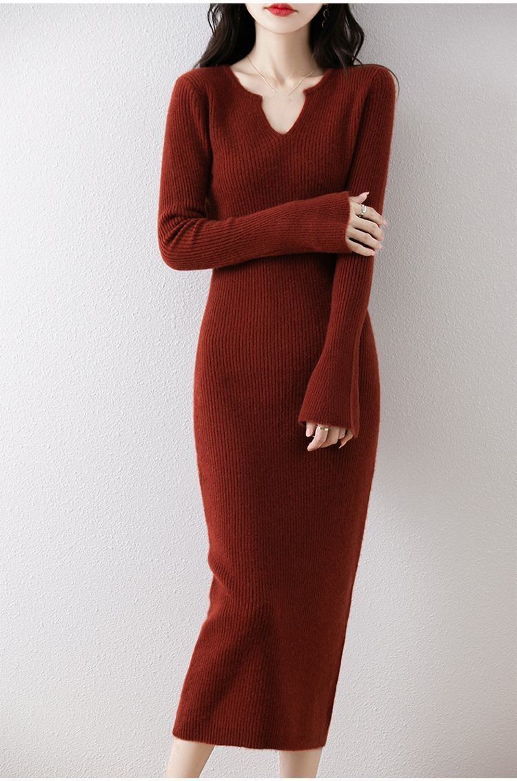 Maglione lungo con scollo a V da donna, nuovo ed elegante abito lavorato a maglia per autunno e inverno, vestibilità slim sopra il ginocchio, versatile strato di base_voghion.com