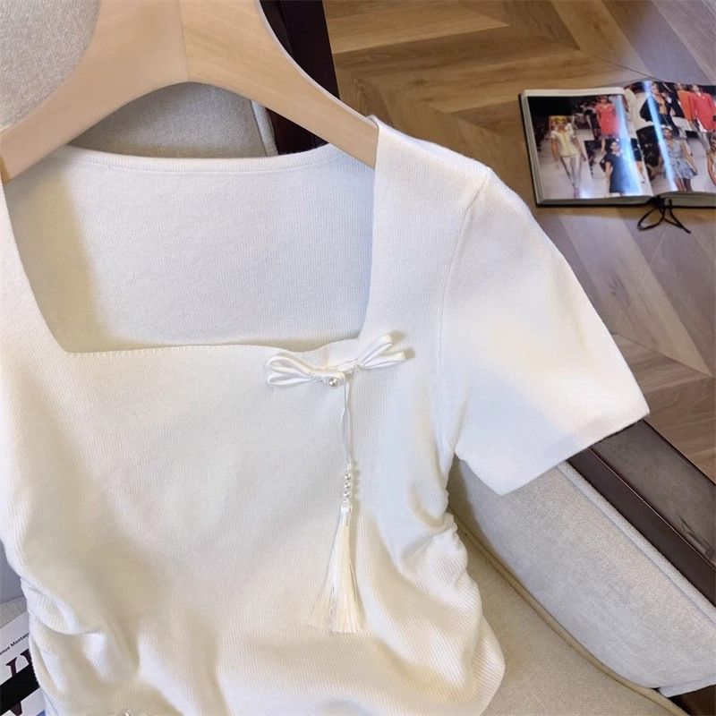 Knitted shoulder square neck sleeved T-shirt for women in summer, with pleated waist and a new light Chinese style short_voghion.com