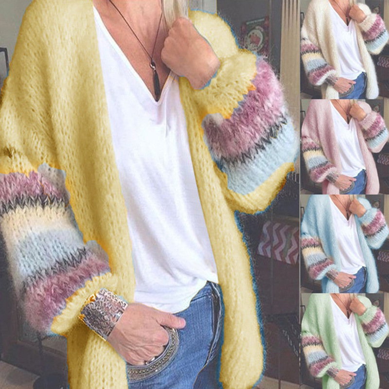 Women's Clothing sweater striped color contrast mohair cardigan knitted jacket _voghion.com
