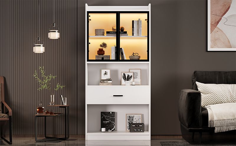 Armoire à curiosités lumineuse, étagères de rangement avec portes vitrées escamotables, grand tiroir et éclairage LED 16 couleurs, vitrine pour objets de collection, bibliothèque de salon, blanche avec cadre noir._voghion.com