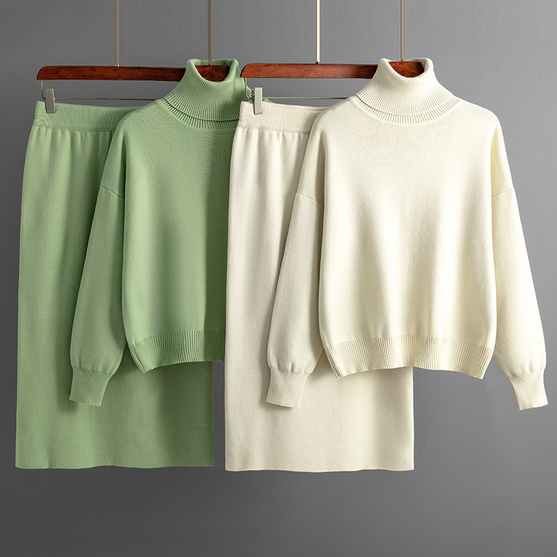 Women's clothing Solid color turtleneck sweater half-body hip-hugging skirt two-piece set knitted suit for women_voghion.com